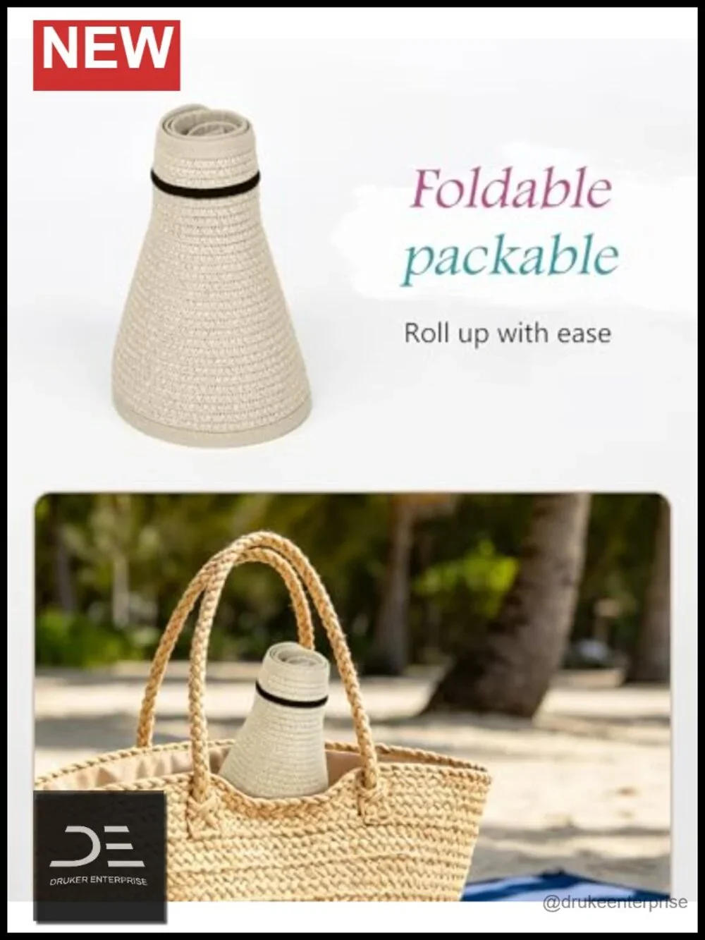 Straw Sun Visor Hat Wide Brim UV Protection Foldable Adjustable Ponytail Summer